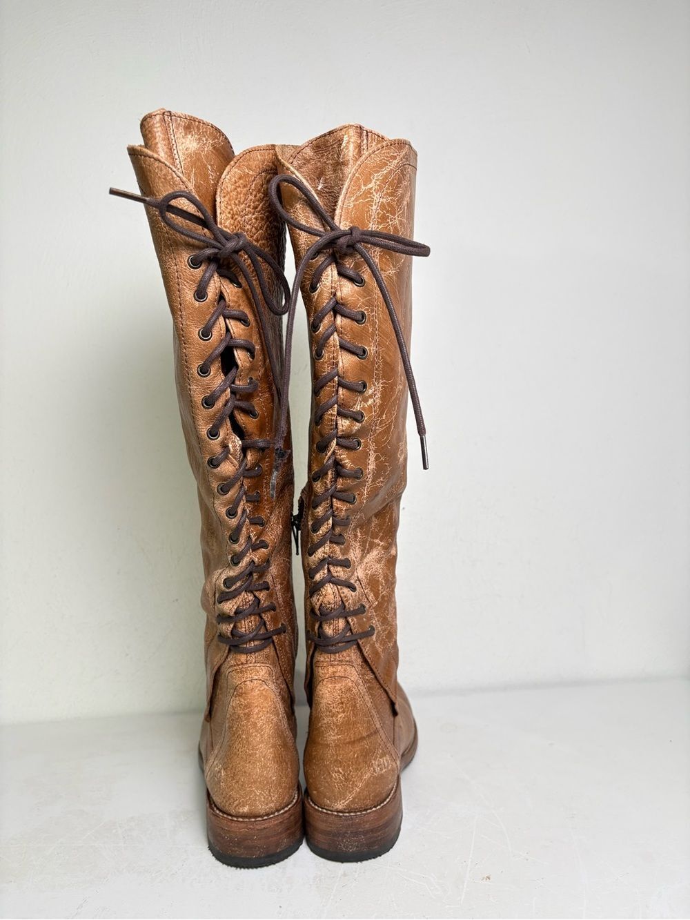 BED STU Surrey Tall Leather Lace Up Corset Boot Caramel Sz 9.5 - Picture 15 of 16